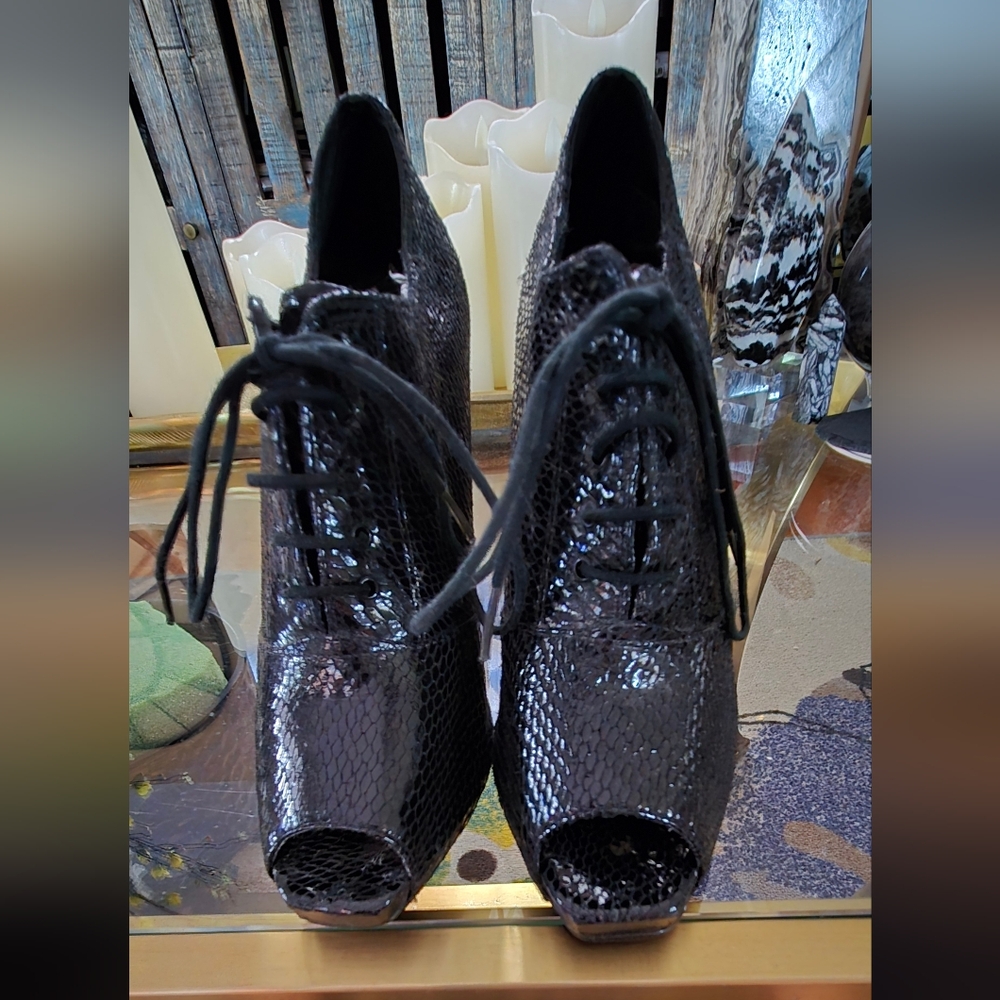 Fab Faux Black Snake Peep-Toe Bootie